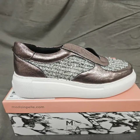 BOXED PAIR OF MODA IN PELLE PEWTER SLIP ON CHUNKY WEDGE TRAINERS - UK SIZE 40