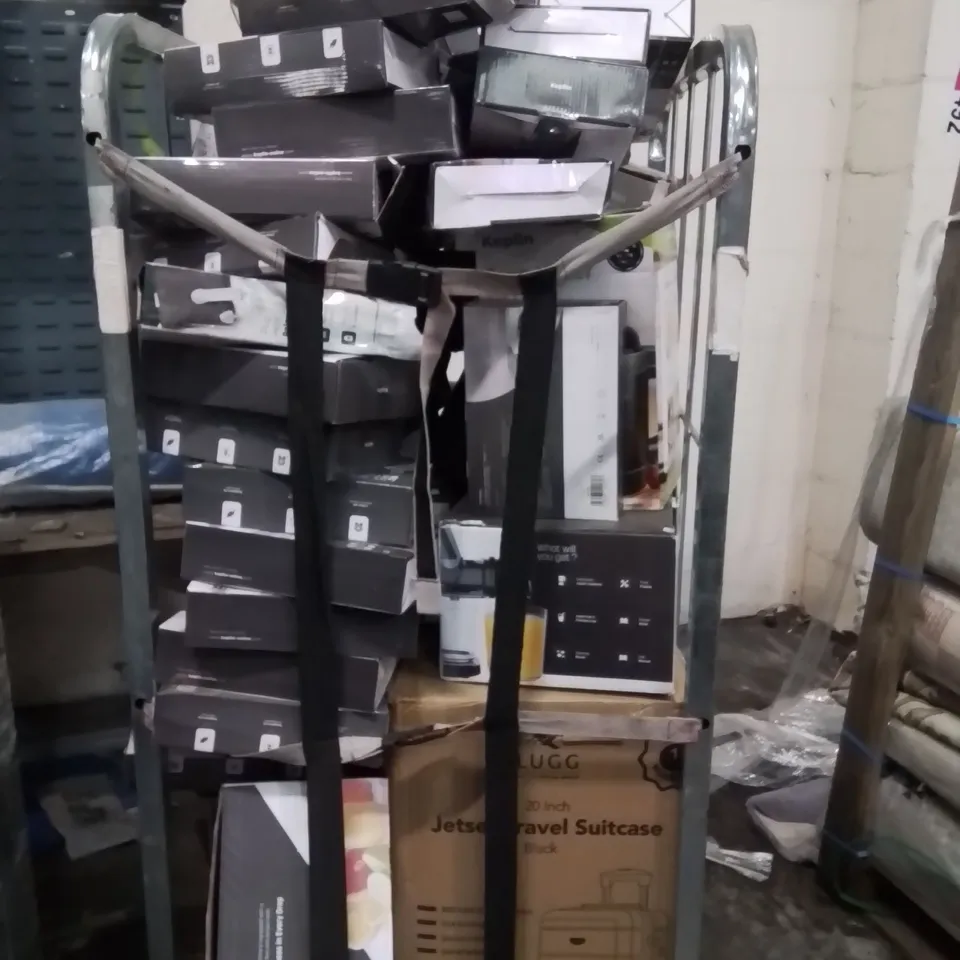 CAGE OF ASSORTED HOUSEHOLD GOODS AND PRODUCTS TO INCLUDE;SUITCASE,ELECTRIC HOT WATER BOTTLES,JUICER,VACUUM CLEANER