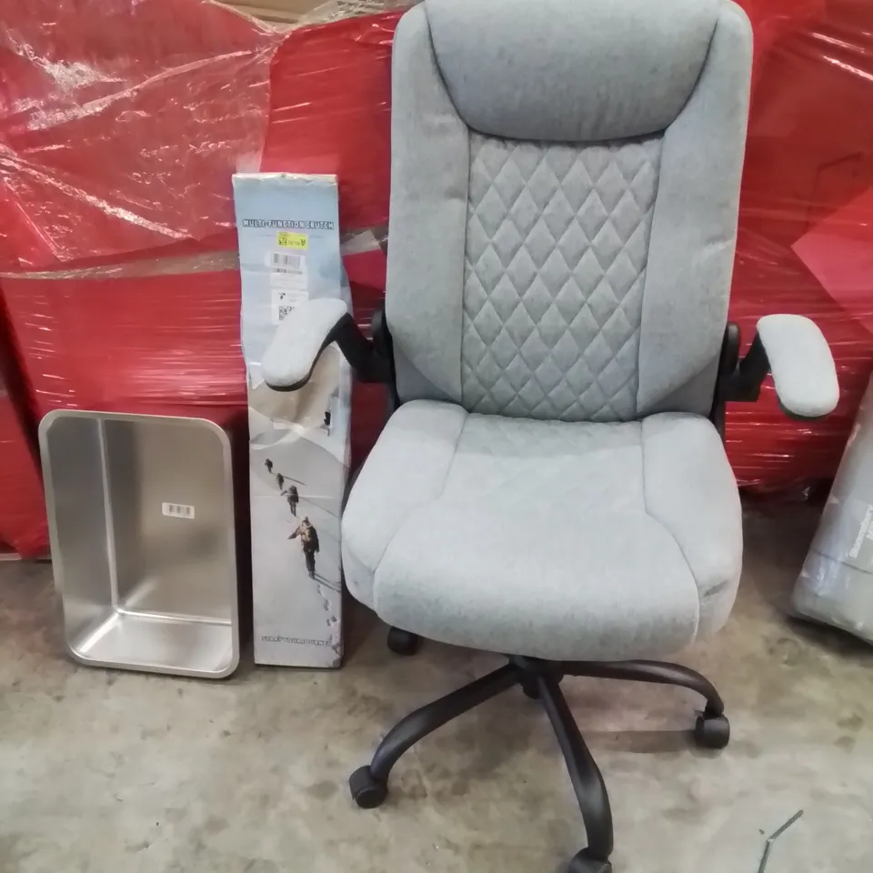 PALLET OF ASSORTED HOUSEHOLD GOODS AND PRODUCTS TO INCLUDE;OFFICE CHAIR,HIKING CRUTCHES,CAT LITTER TRAY 