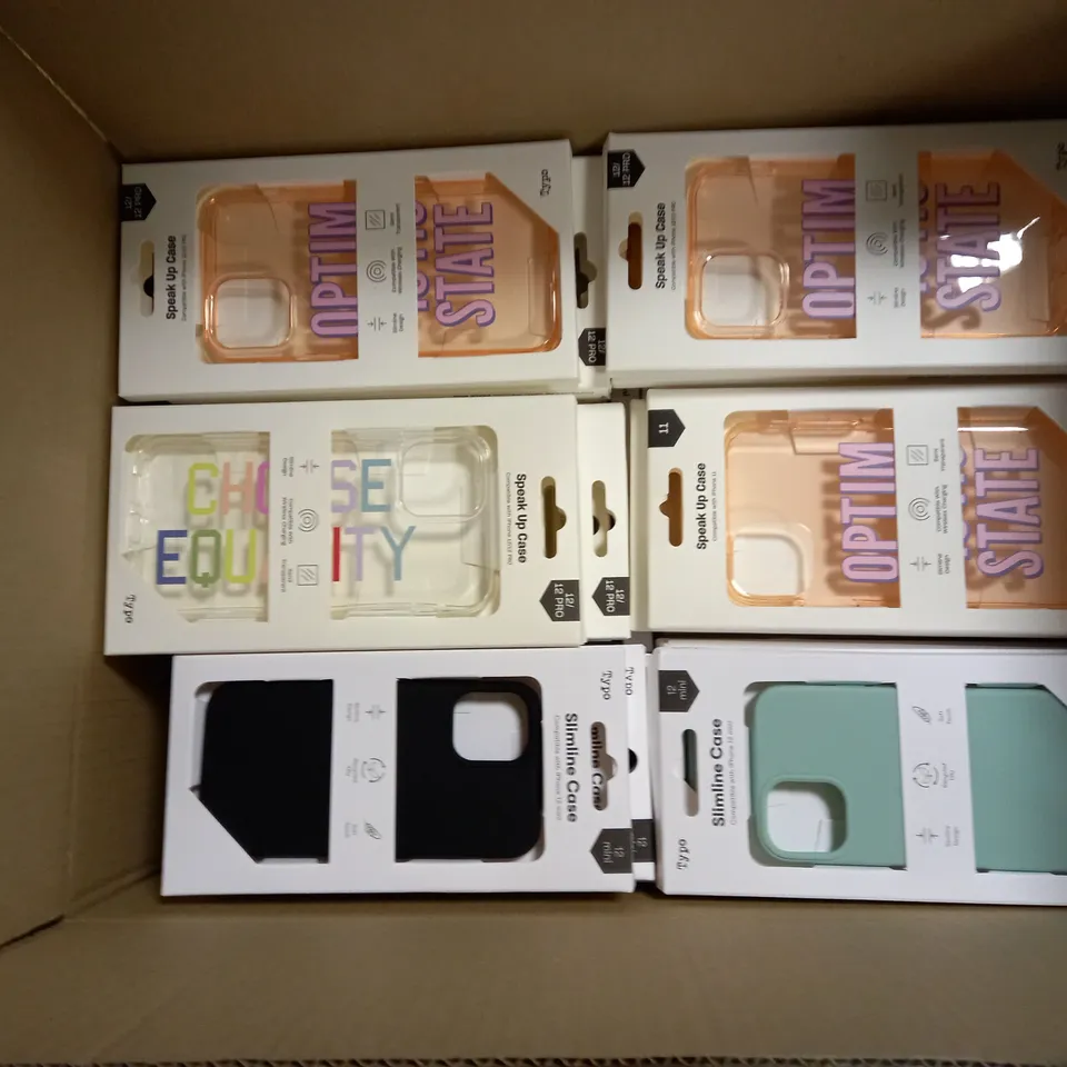BOX OF APPROXIMATELY 50 TYPO PHONES CASES ('SLIMLINE CASE' & 'SPEAK UP CASE') FOR IPHONE 11, 12 MINI, 12/12PRO IN VARYING COLOURS