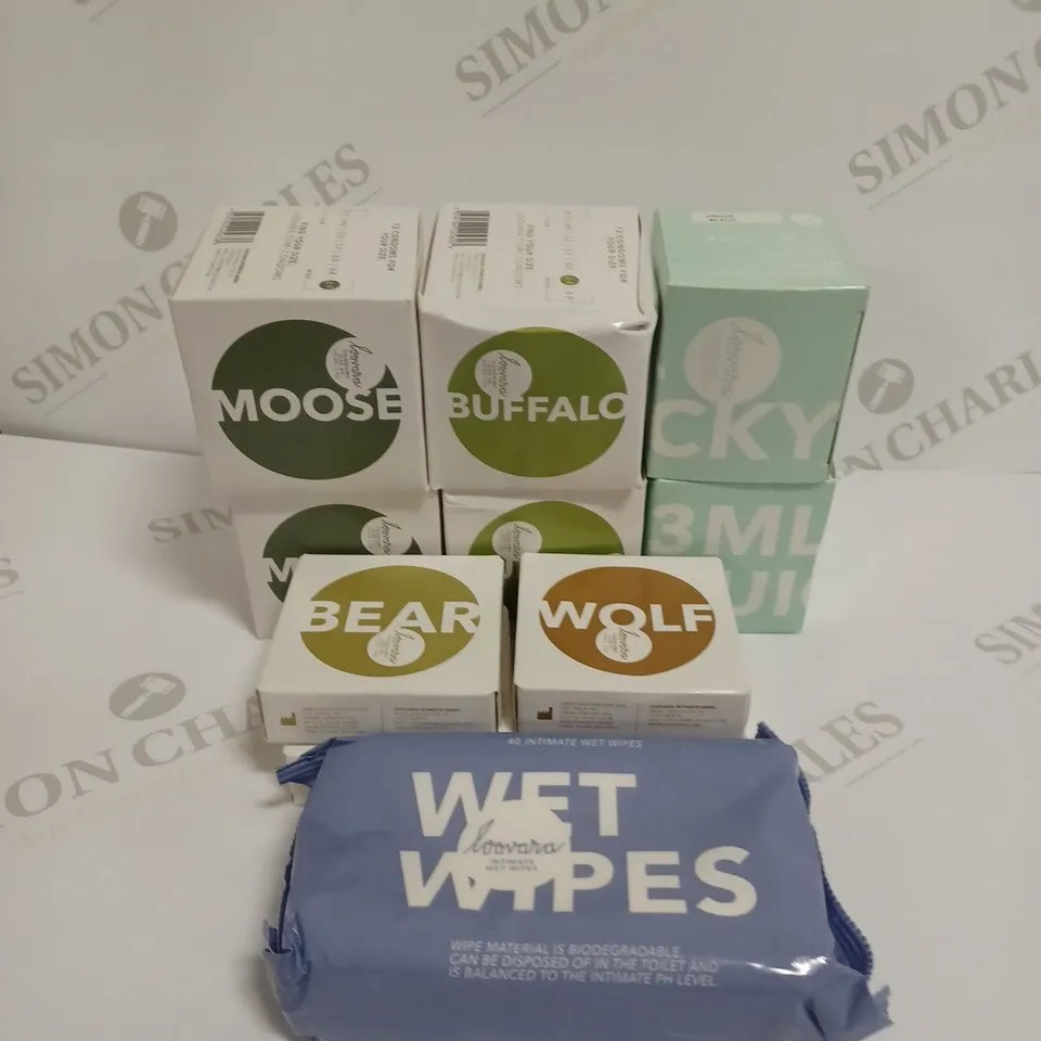 LOT OF 10 ASSORTED LOOVARA PRODUCTS TO INCLUDE WET WIPES, CONDOMS AND LUBRICANT