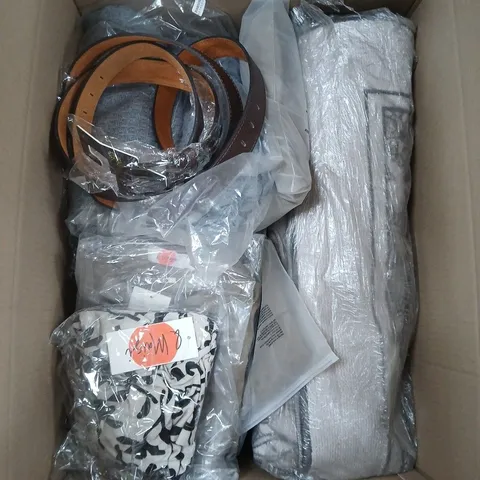 A BOX OF APPROXIMATELY 20 ASSORTED ITEMS, INCLUDING CLOTHING,BLANKET, BELTS ETC.