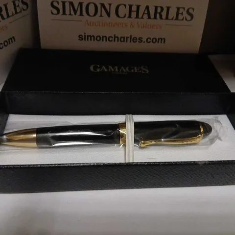 GAMAGES FOUNTAIN PEN - BLACK WITH GOLD TRIM IN PRESENTATION BOX