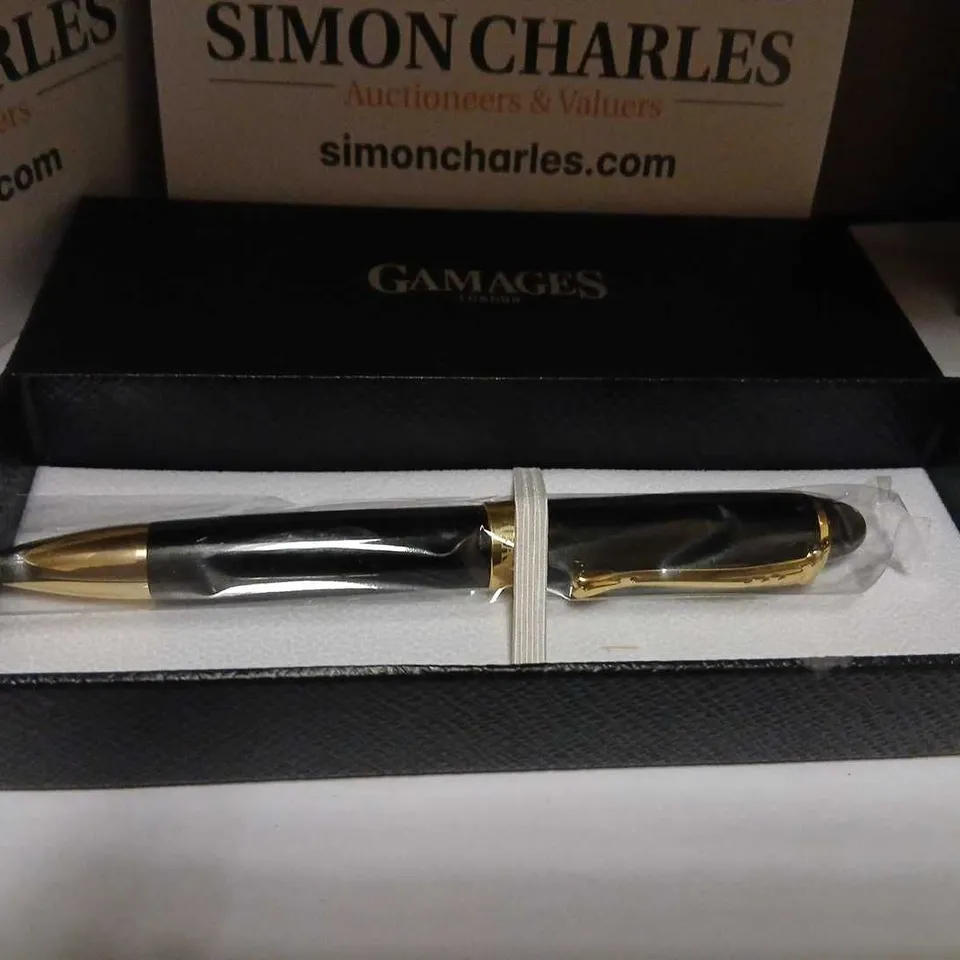 GAMAGES FOUNTAIN PEN - BLACK WITH GOLD TRIM IN PRESENTATION BOX