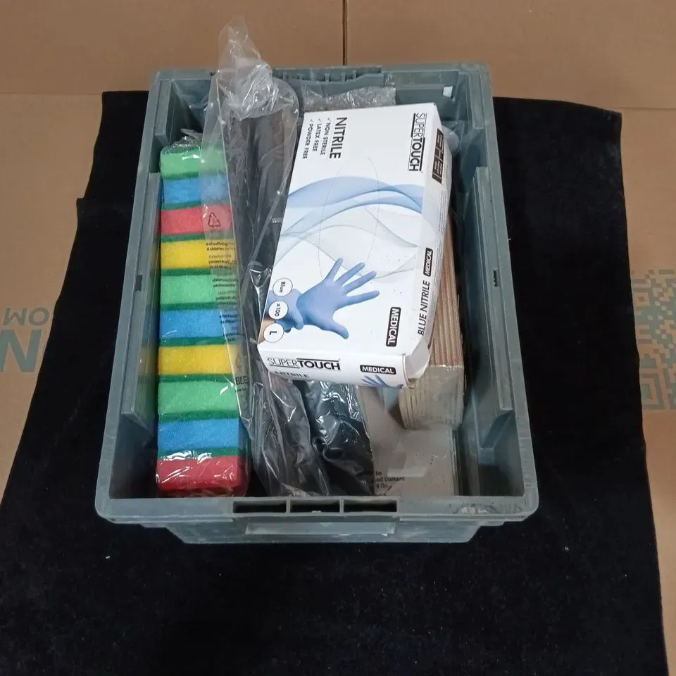 TOTE OF APPROXIMATELY 10 ASSORTED ITEMS INCLUDING SUPER TOUCH NITRILE GLOVES, SGUIB RAINBOW SPONGE SCOURER AND MASTERCLASS SLOTTED TURNER