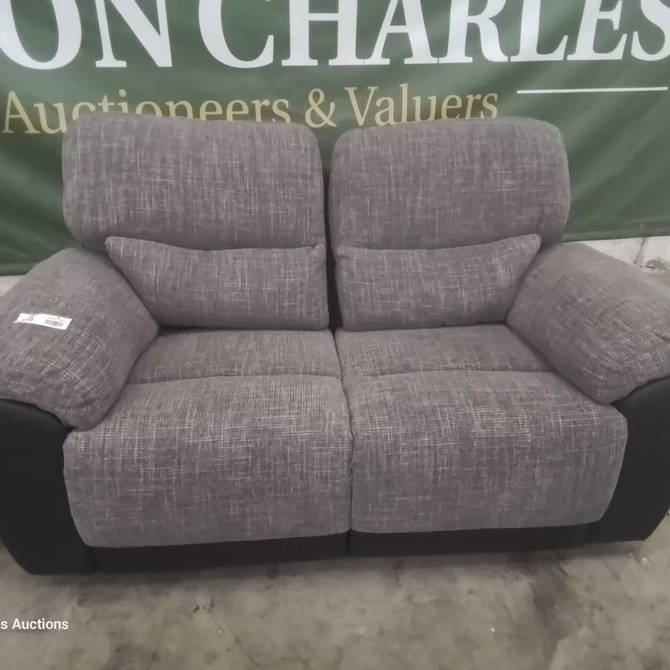 DESIGNER MANUAL RECLINING TWO SEATER SOFA BLACK FAUX LEATHER & GREY FABRIC