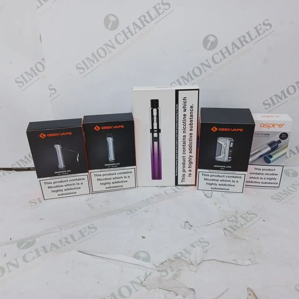 LOT OF APPROXIMATELY 10 BOXED E-CIGARETTES TO INCLUDE GEEKVAPE 1FC, ASPIRE FLEXUS BIOK, AND ASPIRE FLEXUS STIK ETC. 