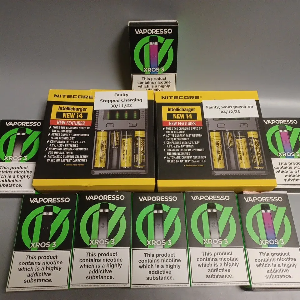 APPROXIMATELY 10 ASSORTED E-CIGARETTE PRODUCTS TO INCLUDE VAPORESSO & BATTERY CHARGERS 