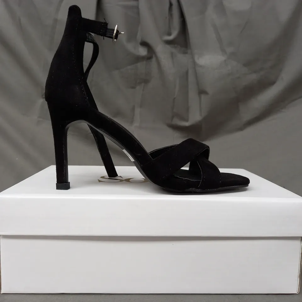 BOXED PAIR OF SOLEA LOLA SUEDETTE OPEN TOE HEELED SANDALS IN BLACK EU SIZE 36