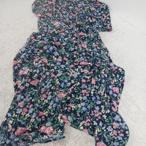 UK 15 BONMARCHÉ FLORAL DRESS – NAVY WITH PINK/BLUE/GREEN FLOWERS