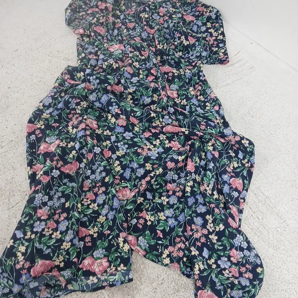 UK 15 BONMARCHÉ FLORAL DRESS – NAVY WITH PINK/BLUE/GREEN FLOWERS