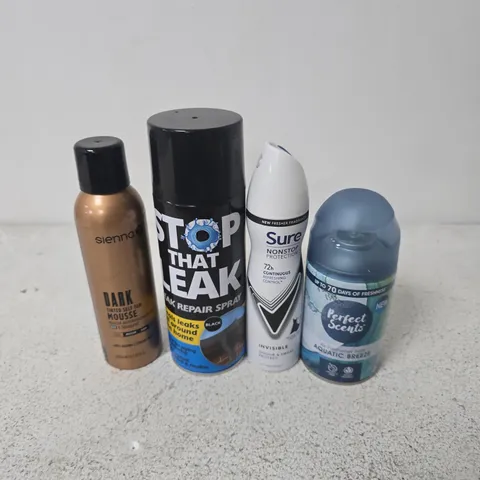APPROXIMATELY 12 ASSORTED AEROSOLS TO INCLUDE PERFECT SCENTS AQUATIC BREEZE, SURE INVISIBLE, STOP THAT LEAK, ETC - COLLECTION ONLY