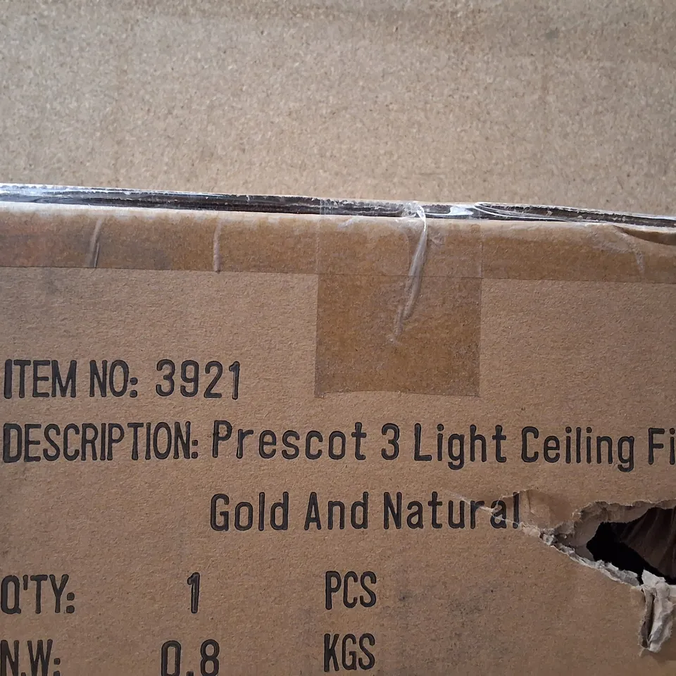 BOXED DUNELM PRESCOT 3 LIGHT CEILING FITTING – GOLD & NATURAL