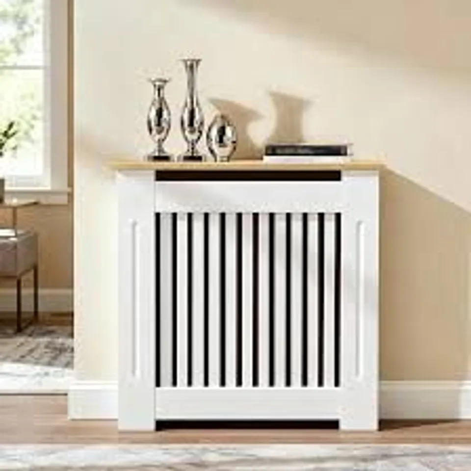 BOXED MODERN SLATTED VERTICAL WHITE RADIATOR COVER WITH WOOD-GRAIN TOP (1 BOX)