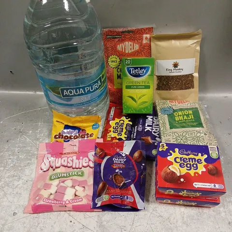 APPROXIMATELY 12 ASSORTED FOOD & DRINK ITEMS TO INCLUDE - AQUA PURA STILL WATER - CADBURY CREAM EGGS - DRUMSTICK SQUASHIES - ETC - COLLECTION ONLY