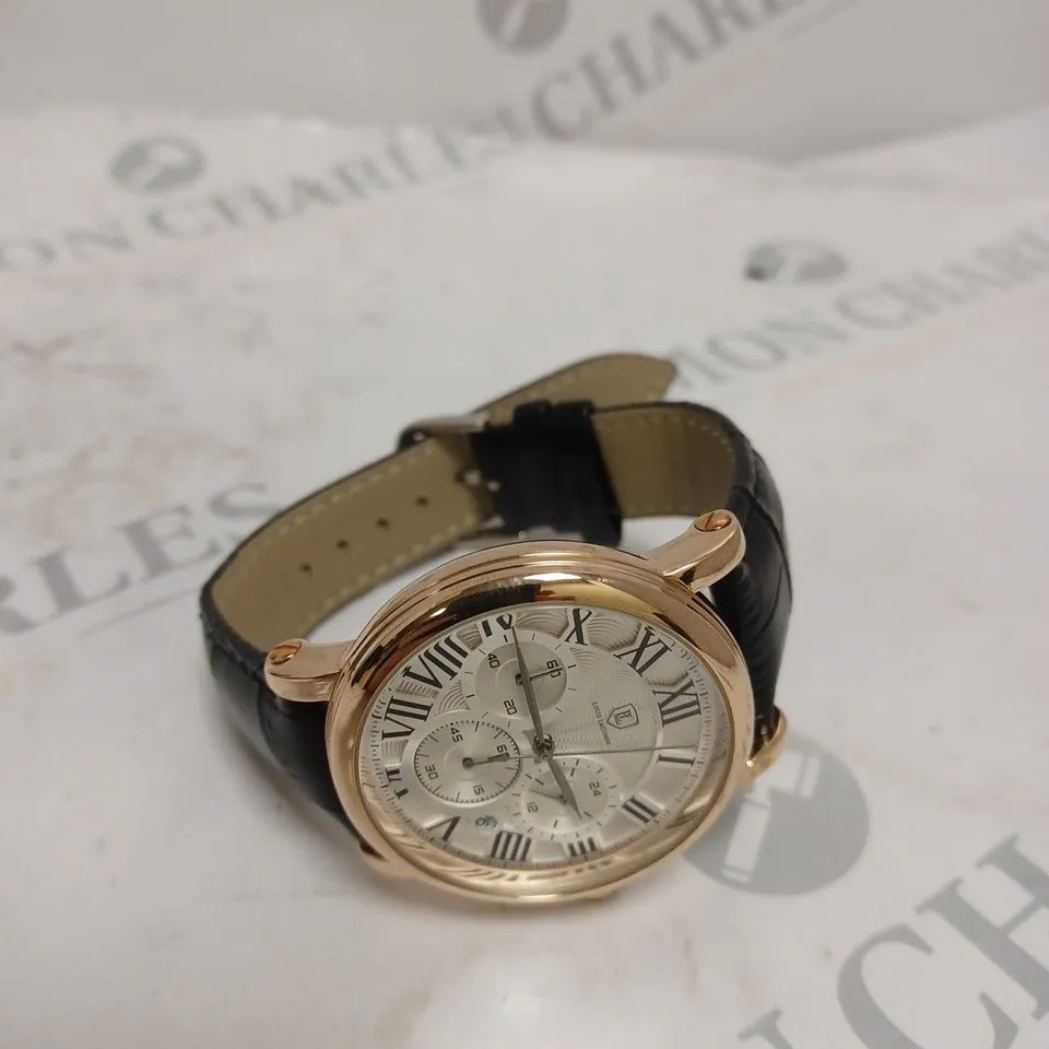 MENS LOUIS LACOMBE CHRONOGRAPH WATCH – MULTI FUNCTION DIAL WITH DATE – ROMAN NUMERAL DIAL – LEATHER STRAP – GIFT BOX