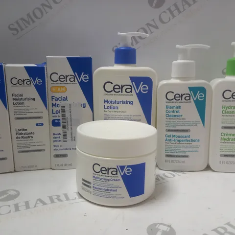BOX OF APPROX 7 ASSORTED CERAVE PRODUCTS TO INCLUDE FACIAL MOISTURISING LOTION, BLEMISH CONTROL CLEANSER, HYDRATING CLEANSER, ETC