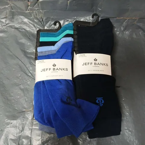 APPROXIMATELY 15 ASSORTED JEFF BANKS MENS PACKS OF 7 SOCKS IN VARIOUS COLOURS AND SIZES