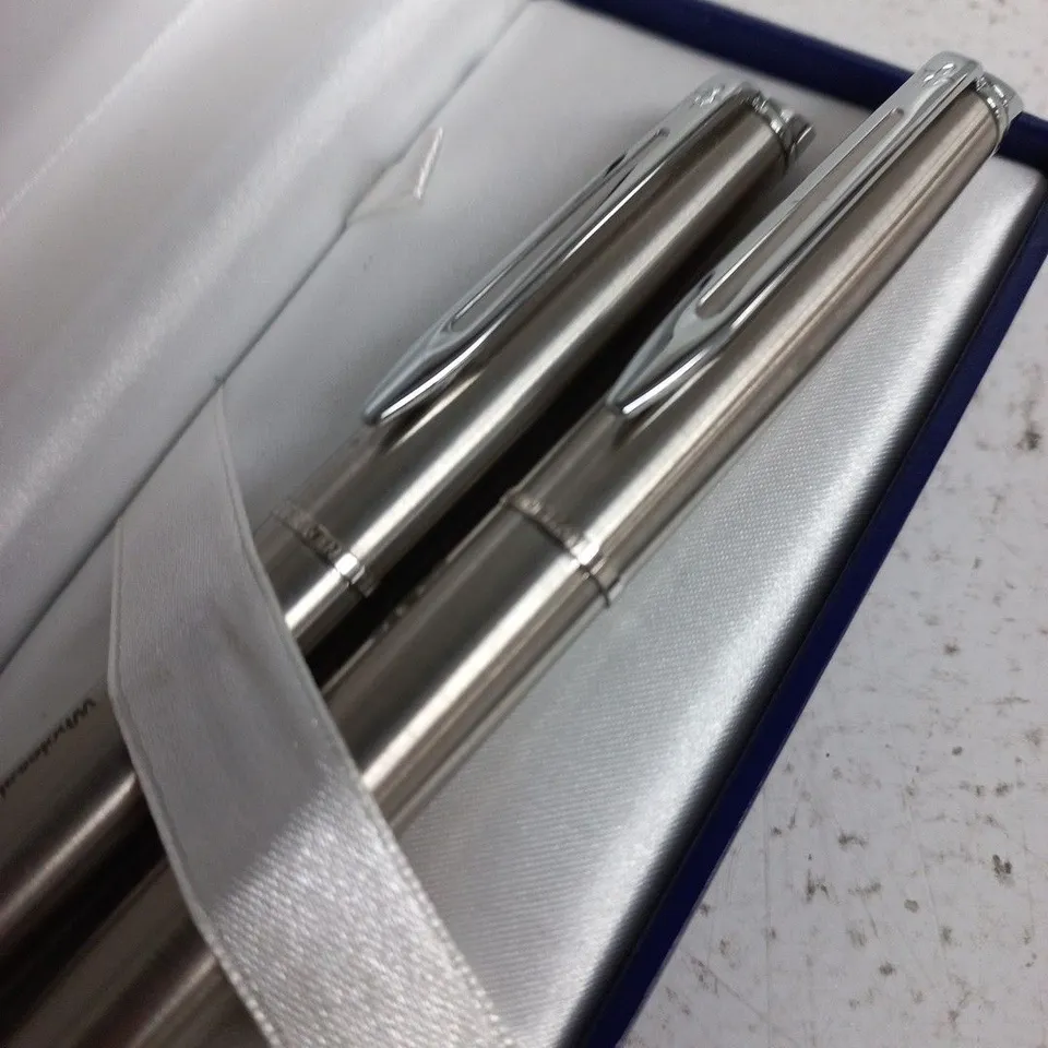 WATERMAN PARIS PEN GIFT SET - 2 SILVER TONE PENS IN NAVY PRESENTATION BOX