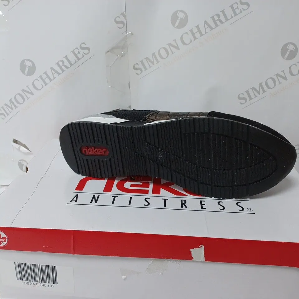BOXED RIEKER BLACK SNAKE HIGH TOP TRAINERS, BLACK - SIZE 5