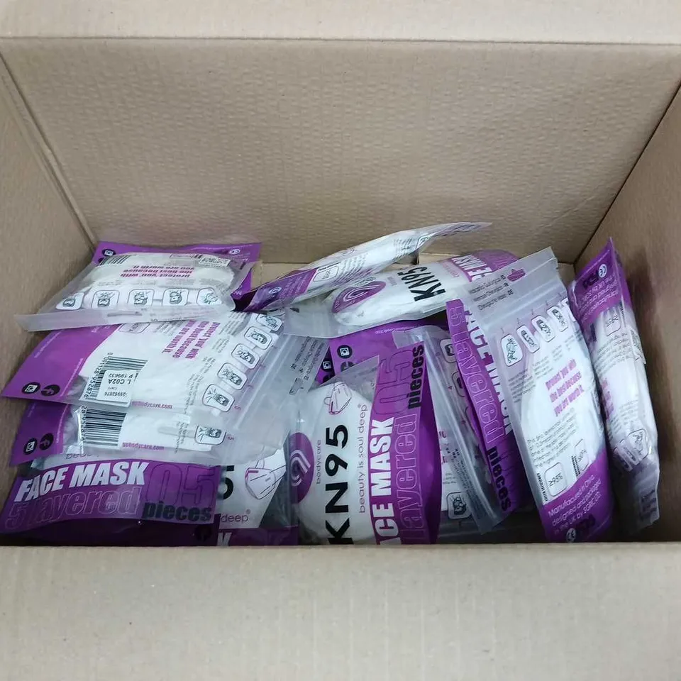 BOX OF APPROXIMATELY 15 PACKS OF 5 LAYERED FACE MASKS - WHITE - 5 MASKS PER PACK