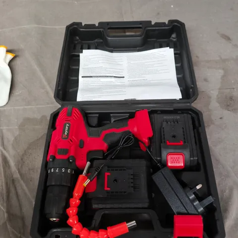 CORDLESS DRILL SET IN CASE – RED/BLACK, BRAND UNCONFIRMED 
