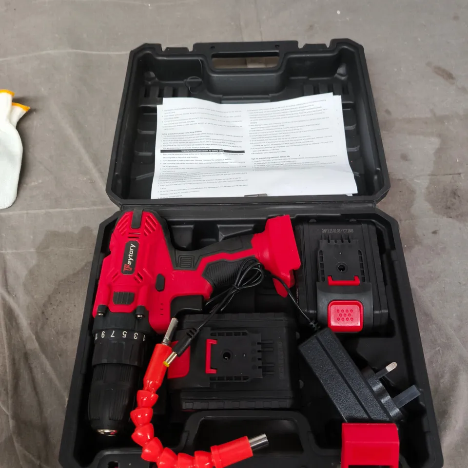 CORDLESS DRILL SET IN CASE – RED/BLACK, BRAND UNCONFIRMED 