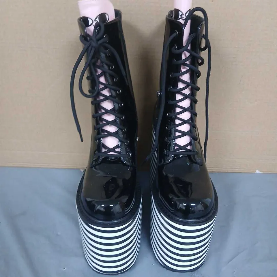 KOI BLACK PATENT PLATFORM LACE-UP BOOTS WITH STRIPED WEDGE HEEL, UK 8
