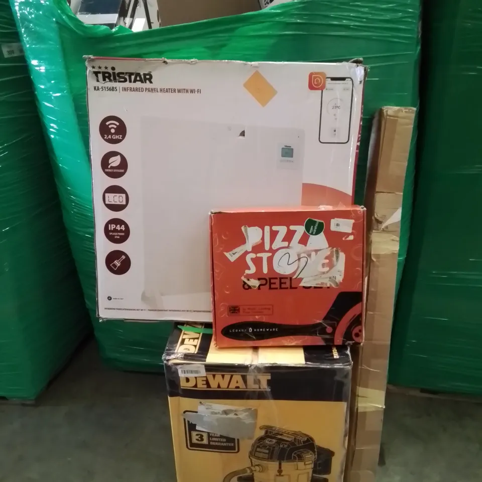 PALLET CONTAINING VARIOUS BOXED HOUSEHOLD ITEMS TO INCLUDE: GAZEBOS,  DEWALT VACUUM, PIZZA STONE, PIZZA OVEN, PANEL HEATERS AND LOTS MORE UNMARKED BOXED ITEMS.