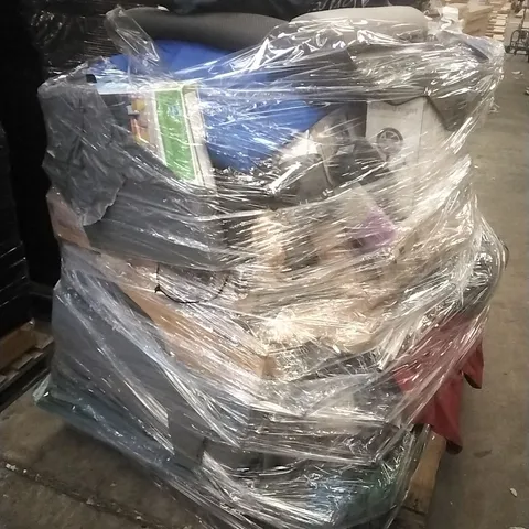 PALLET CONTAINING A LARGE QUANTITY OF ASSORTED HOUSEHOLD GOODS WHICH INCLUDE; MEMORY FOAM MATTRESS, SUITCASES, TARPAULIN, CAMPING CHAIRS ETC