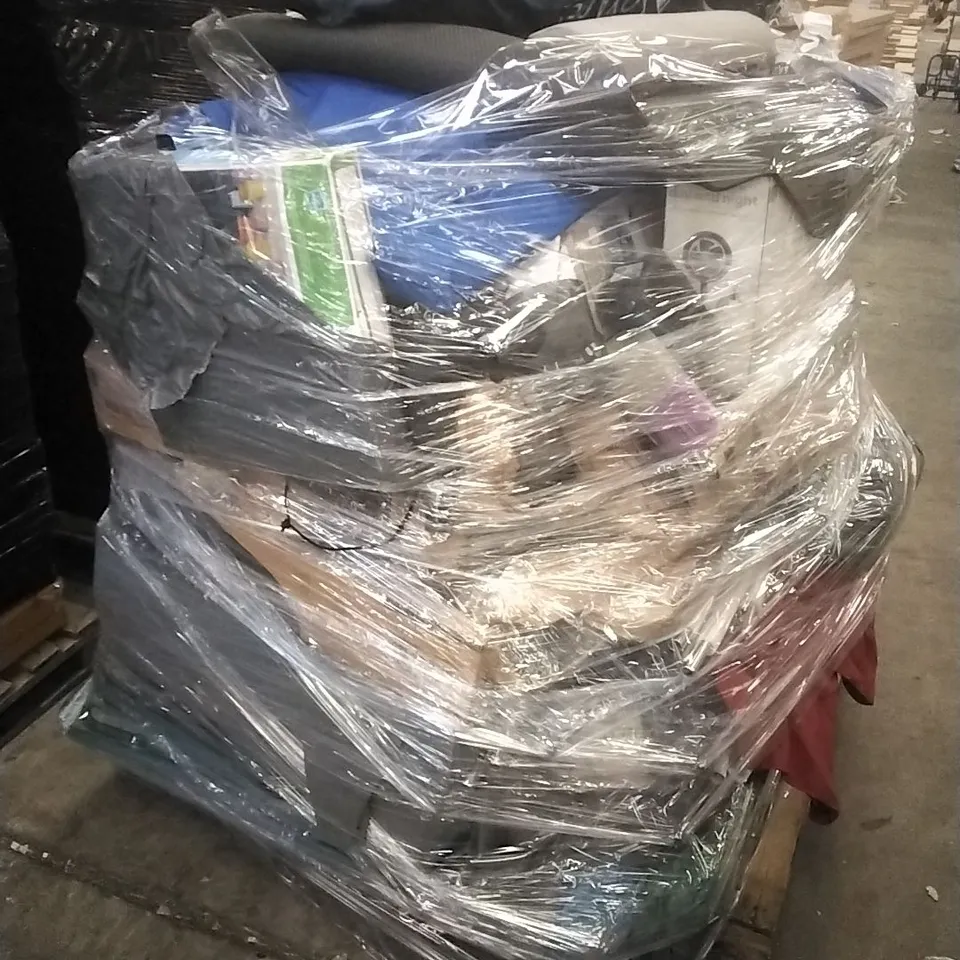 PALLET CONTAINING A LARGE QUANTITY OF ASSORTED HOUSEHOLD GOODS WHICH INCLUDE; MEMORY FOAM MATTRESS, SUITCASES, TARPAULIN, CAMPING CHAIRS ETC