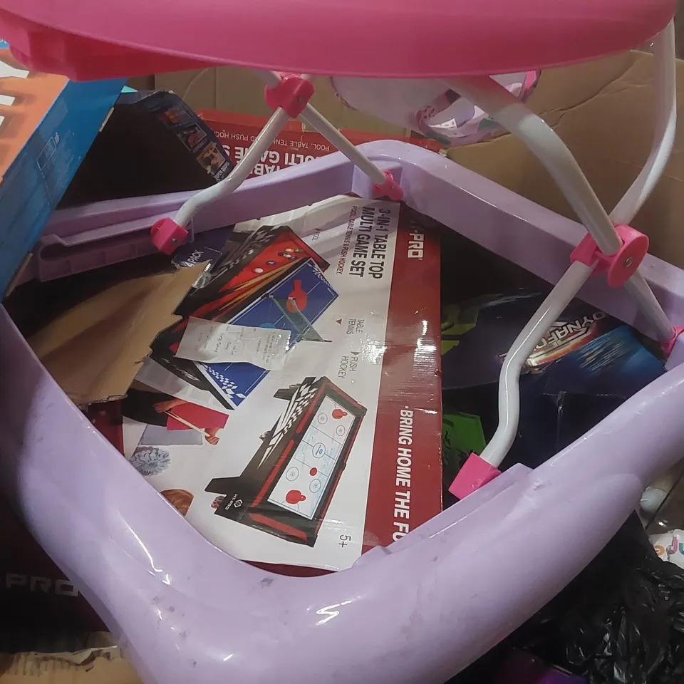 PALLET CONTAINING A LARGE QUANTITY OF ASSORTED TOYS INCLUDING: BABY WALKER, TOY XSHOT GUN, 3-IN-1 TABLETOP MULTI GAME SET, COTTON CANDY MAKER ECT
