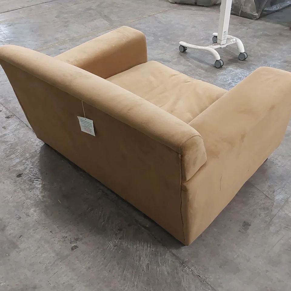 LARGE DESIGNER FABRIC UPHOLSTERED LOVESEAT - OCHRE