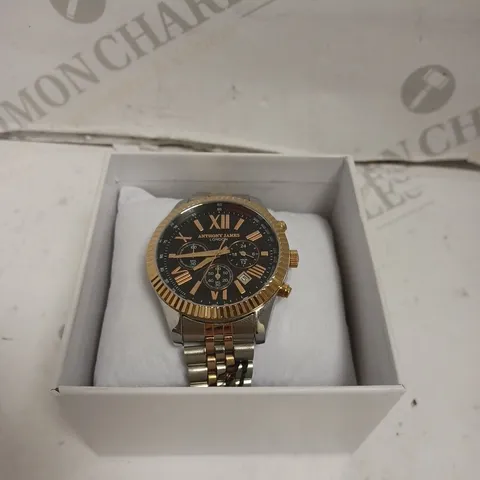 BOXED ANTHONY JAMES CHRONOGRAPH STAINLESS STEEL SPORTS WATCH - WATER RESISTANT. 