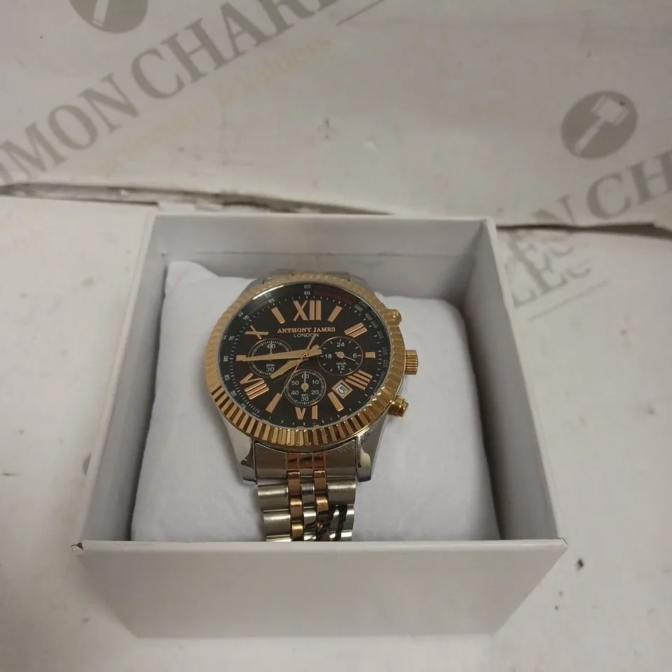 BOXED ANTHONY JAMES CHRONOGRAPH STAINLESS STEEL SPORTS WATCH - WATER RESISTANT. 