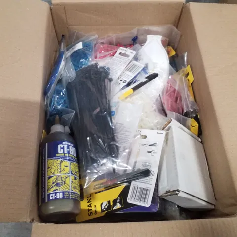 BOX CONTAINING ASSORTED TOOLS & ELECTRICAL INCLUDING ZIP TIES, CUTTING AND TAPPING FLUID, STANLEY BLADES & HEAT SHRINK CONNECTORS