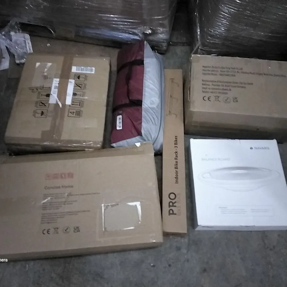 PALLET OF ASSORTED ITEMS INCLUDING NAVARIS BALANCE BOARD, PRO BIKE TOOLINDOOR BIKE RACK, CONCISE HOME INSECT KILLER, AETKFO PULL UP BAR, LEIKE STEPPER 