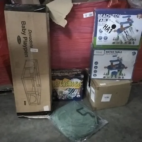 PALLET OF ASSORTED ITEMS TO INCLUDE: BEACH TOY TABLES,SUPER CASINO SET, BABY PLAYPEN,ARTISTIC TV TRIPOD STAND ETC 