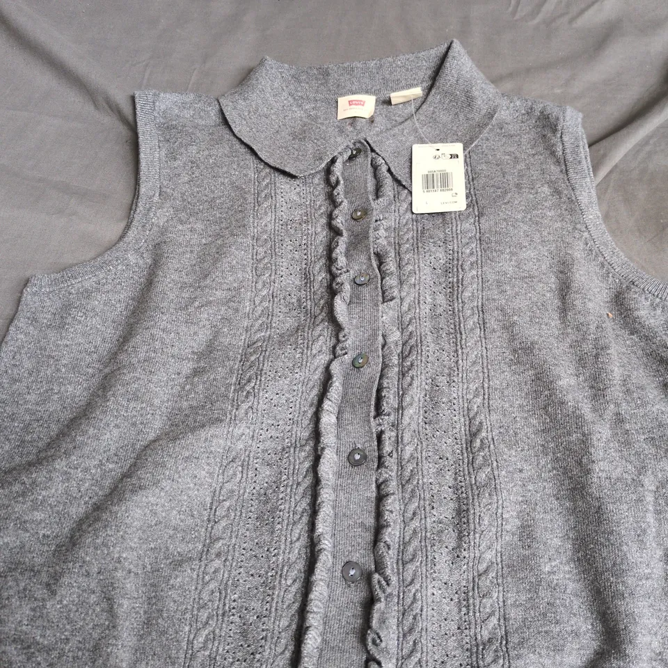 LEVI'S GREY KNIT SLEEVELESS CARDIGAN WITH COLLAR – SIZE L