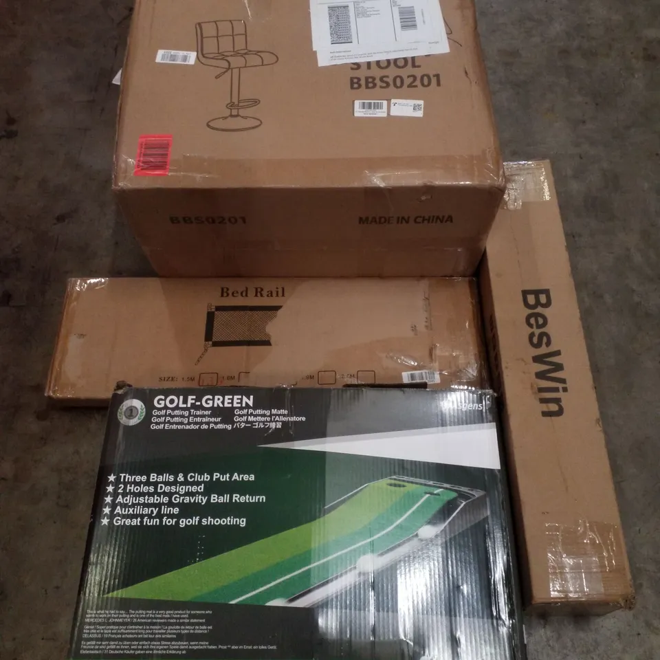 PALLET CONTAINING ASSORTED PRODUCTS INCLUDING BAR STOOL, BED RAIL, GOLF GREEN & CHAIR MAT