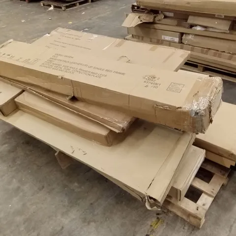 PALLET OF ASSORTED DESIGNER INCOMPLETE FURNITURE PARTS TO INCLUDE; GARDEN TABLE, BED, DINING TABLE PARTS AND PIECES ETC