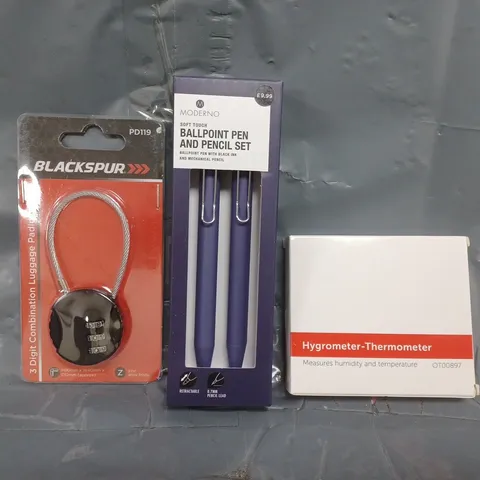 APPROXIMATELY 10 ASSORTED HOUSEHOLD ITEMS TO INCLUDE HYGROMETER THERMOMETER, BALLPOINT PEN & PENCIL SET, COMBINATION LUGGAGE PADLOCK, ETC