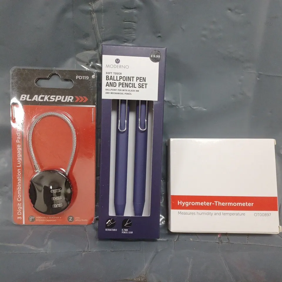 APPROXIMATELY 10 ASSORTED HOUSEHOLD ITEMS TO INCLUDE HYGROMETER THERMOMETER, BALLPOINT PEN & PENCIL SET, COMBINATION LUGGAGE PADLOCK, ETC