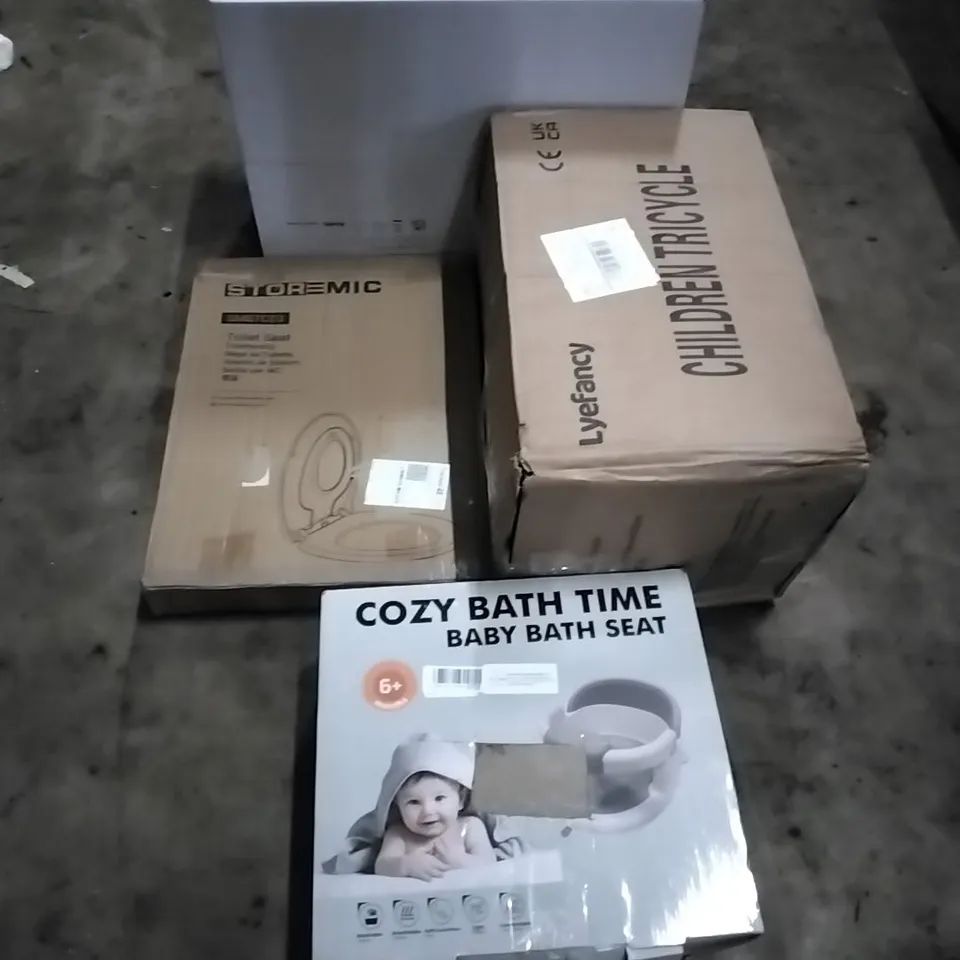PALLET OF HOUSEHOLD ITEMS TO INCLUDE COZY BATH TIME BATH SEAT,CHILDREN'S TRICYCLE,TOILET SEAT, TURNTABLE SYSTEM AND OTHER ASSORTED ITEMS...