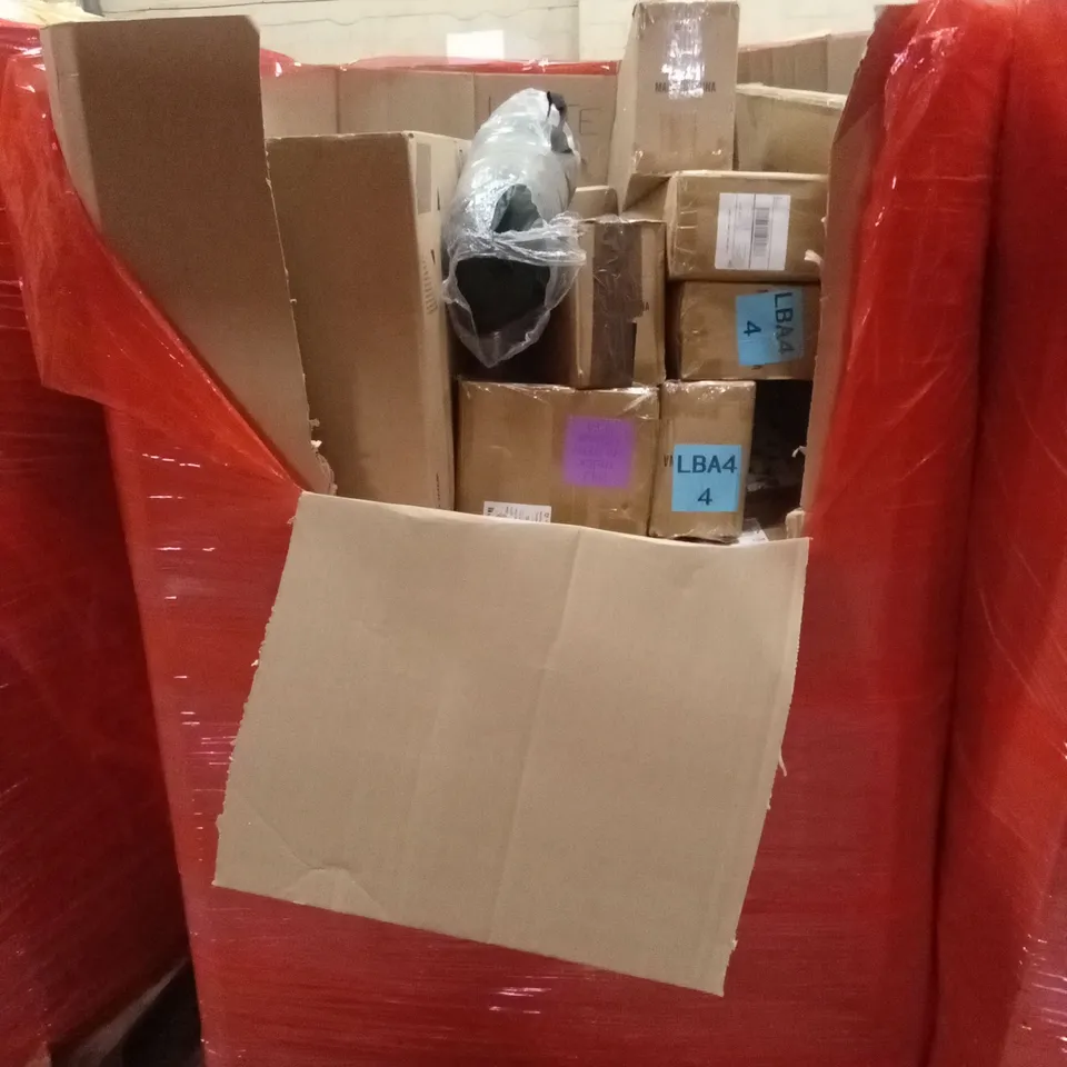 PALLET OF ASSORTED HOUSEHOLD GOODS AND PRODUCTS TO INCLUDE; LED BATHROOM MIRROR, BOXED FURNITURE, WAX MELTED ETC