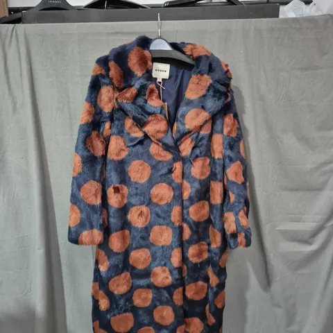 BODEN WOMEN'S FAUX FUR COAT – NAVY WITH COPPER-BROWN POLKA DOTS, UK 12