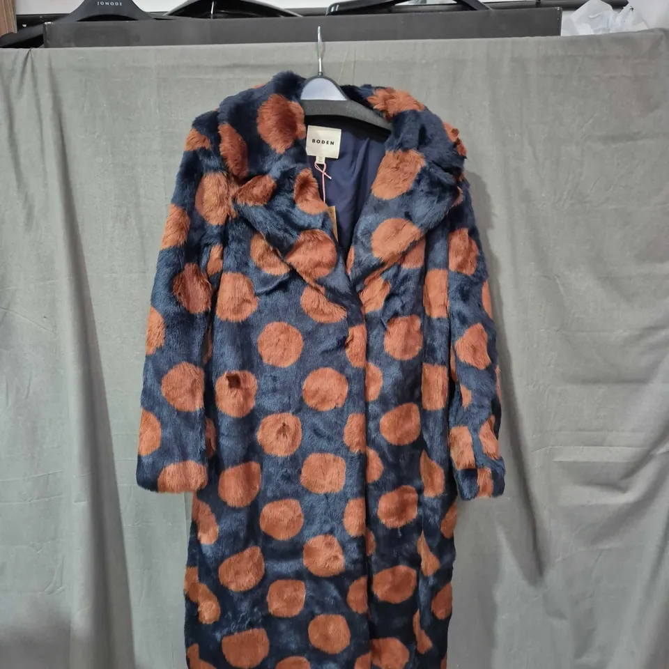 BODEN WOMEN'S FAUX FUR COAT – NAVY WITH COPPER-BROWN POLKA DOTS, UK 12