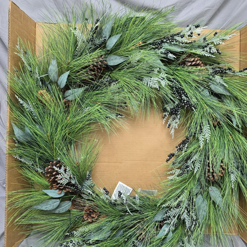 BOXED PRE LIT CHRISTMAS WREATH WITH GREEN BERRIES AND PINECONES - 90 CM