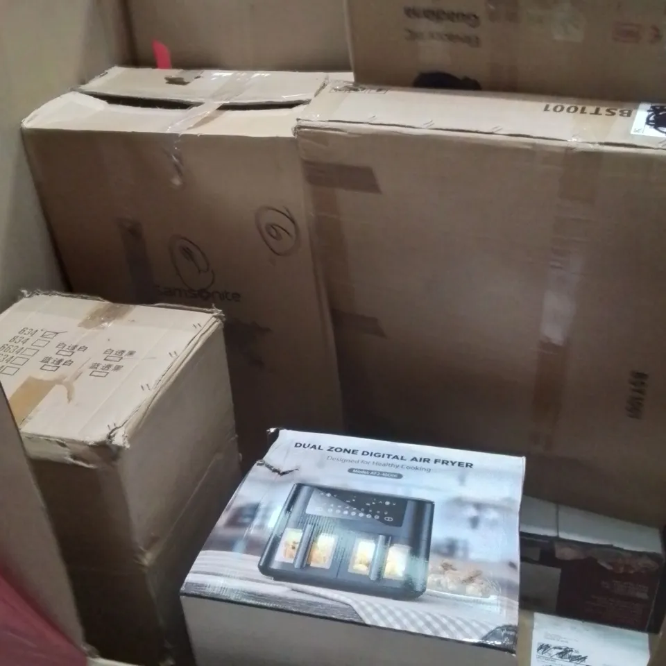 PALLET OF ASSORTED HOUSEHOLD ITEMS AND CONSUMER PRODUCTS TO INCLUDE; AIR FRYER, AIR COOLERS, TURNTABLE, OFFICE CHAIR ETC