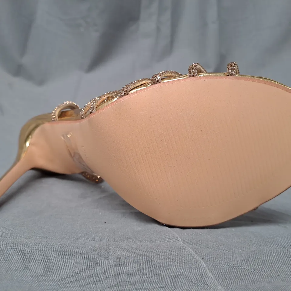 BOXED PAIR OF EGO OPEN TOE STILETTO HEEL STRAPPY SANDALS IN METALLIC GOLD UK SIZE 6